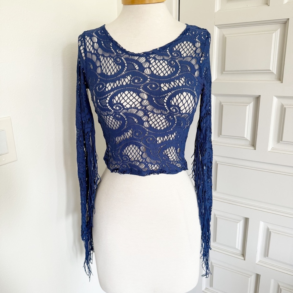 Blue Lace Crop Top Long Sleeve Fringe Flaw